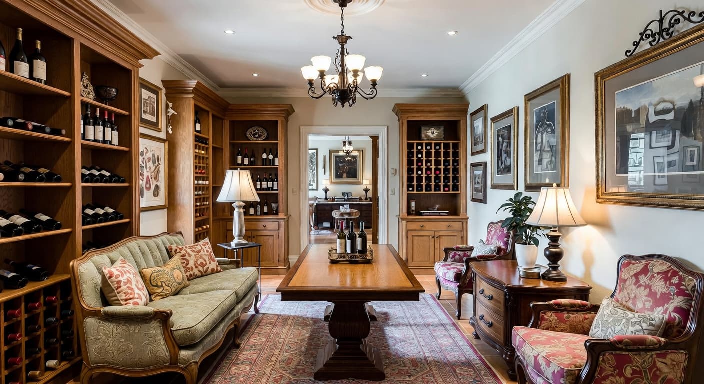 Colonial wine cellar interior design - featuring colonial style furniture, decor, colors, and layout ideas for your wine cellar