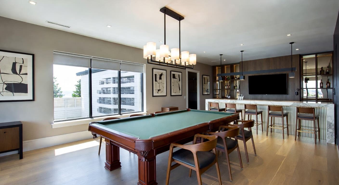 Contemporary billiards room interior design - featuring contemporary style furniture, decor, colors, and layout ideas for your billiards room