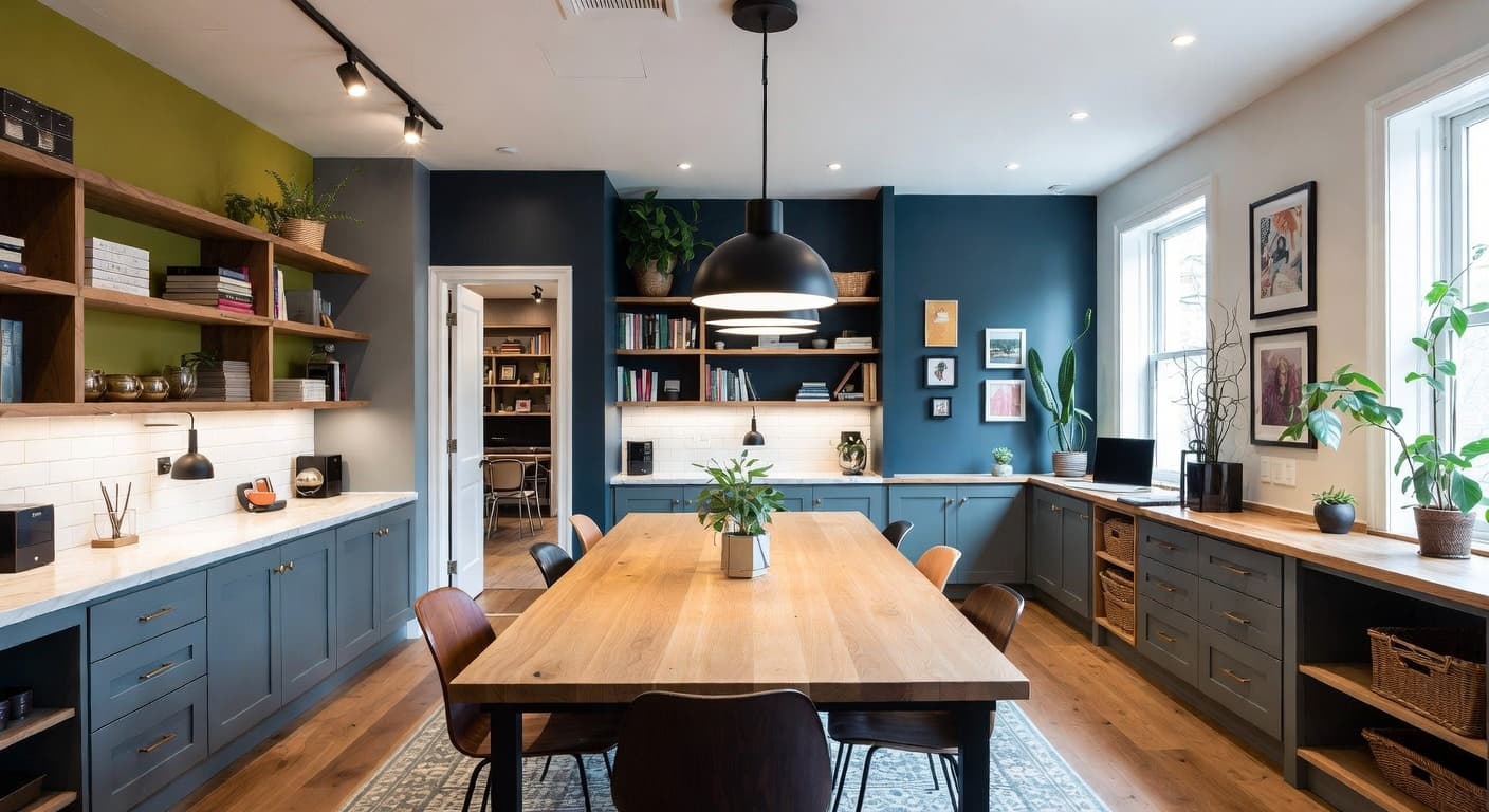 Contemporary craft room / studio interior design - featuring contemporary style furniture, decor, colors, and layout ideas for your craft room / studio