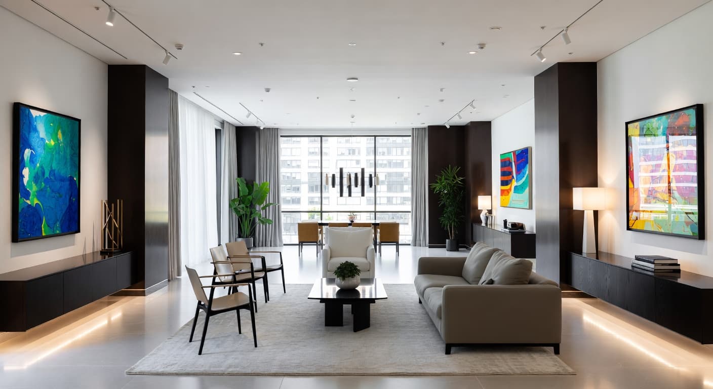 Contemporary gallery / art display interior design - featuring contemporary style furniture, decor, colors, and layout ideas for your gallery / art display