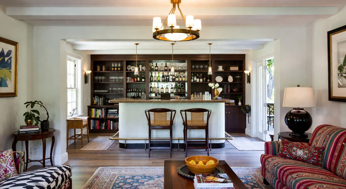 Cottage bar room interior design - featuring cottage style furniture, decor, colors, and layout ideas for your bar room