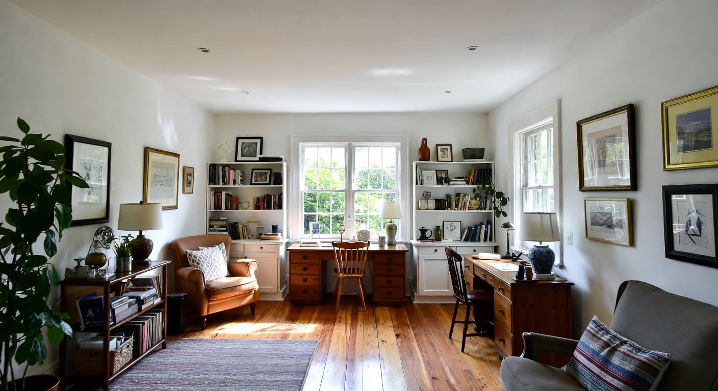 Cottage craft room / studio interior design - featuring cottage style furniture, decor, colors, and layout ideas for your craft room / studio