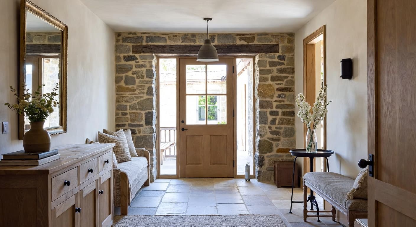 Cottage entryway interior design - featuring cottage style furniture, decor, colors, and layout ideas for your entryway