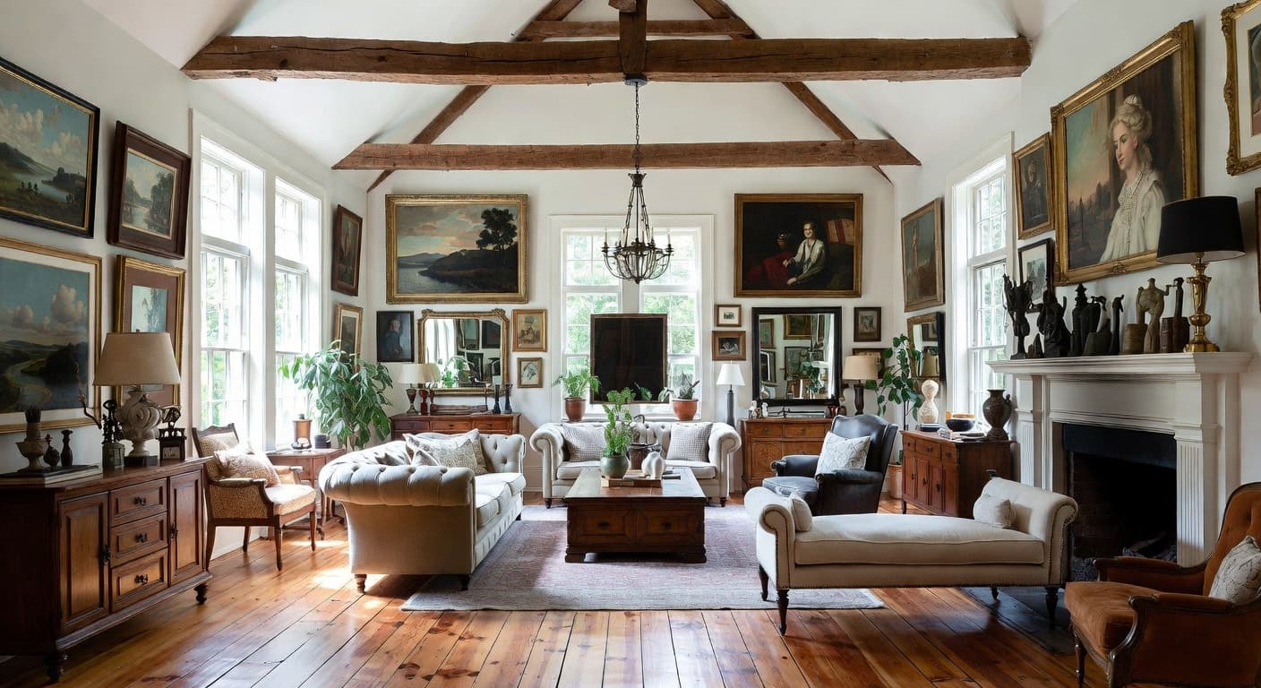 Cottage gallery / art display interior design - featuring cottage style furniture, decor, colors, and layout ideas for your gallery / art display