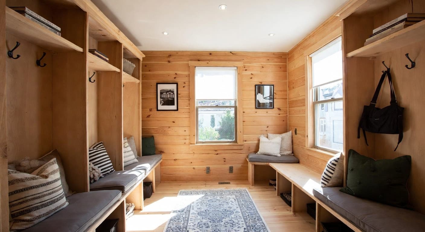 Cottage mudroom interior design - featuring cottage style furniture, decor, colors, and layout ideas for your mudroom