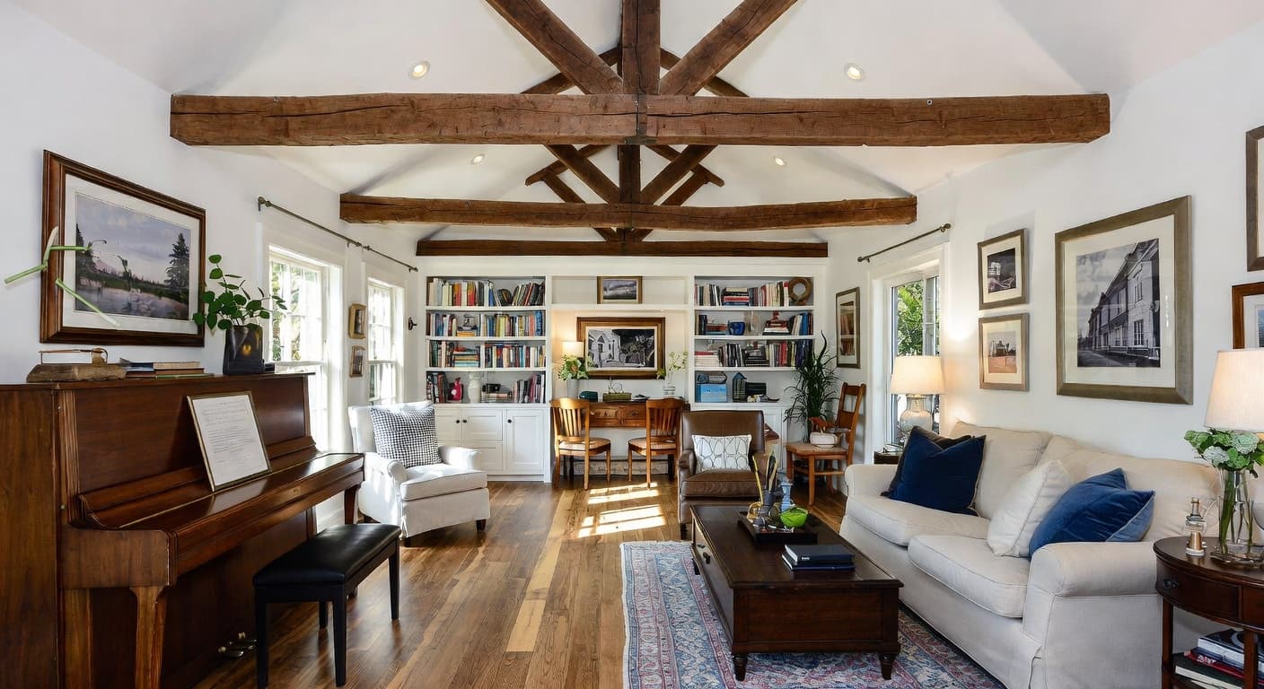 Cottage music room interior design - featuring cottage style furniture, decor, colors, and layout ideas for your music room