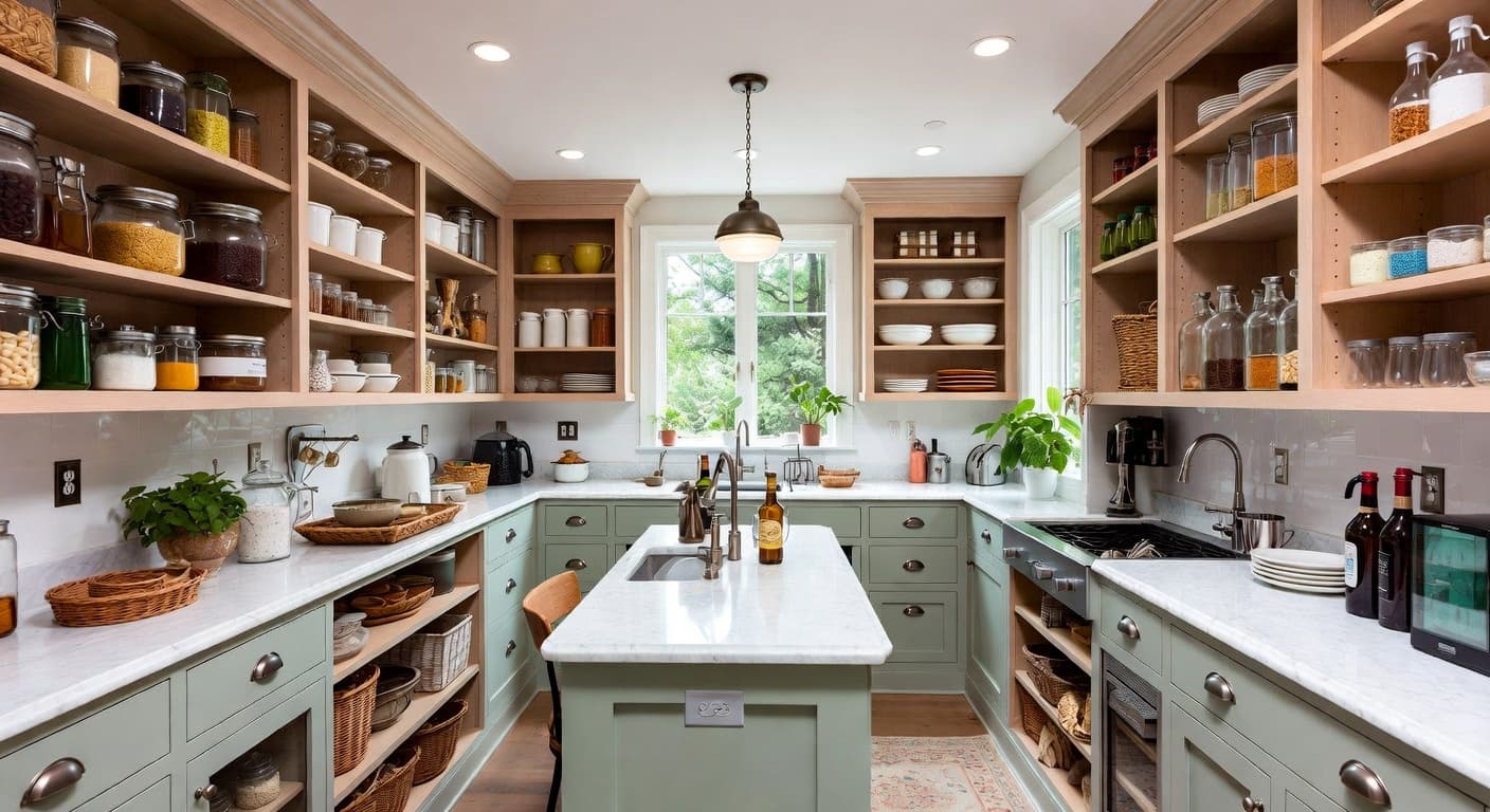 Cottage pantry interior design - featuring cottage style furniture, decor, colors, and layout ideas for your pantry