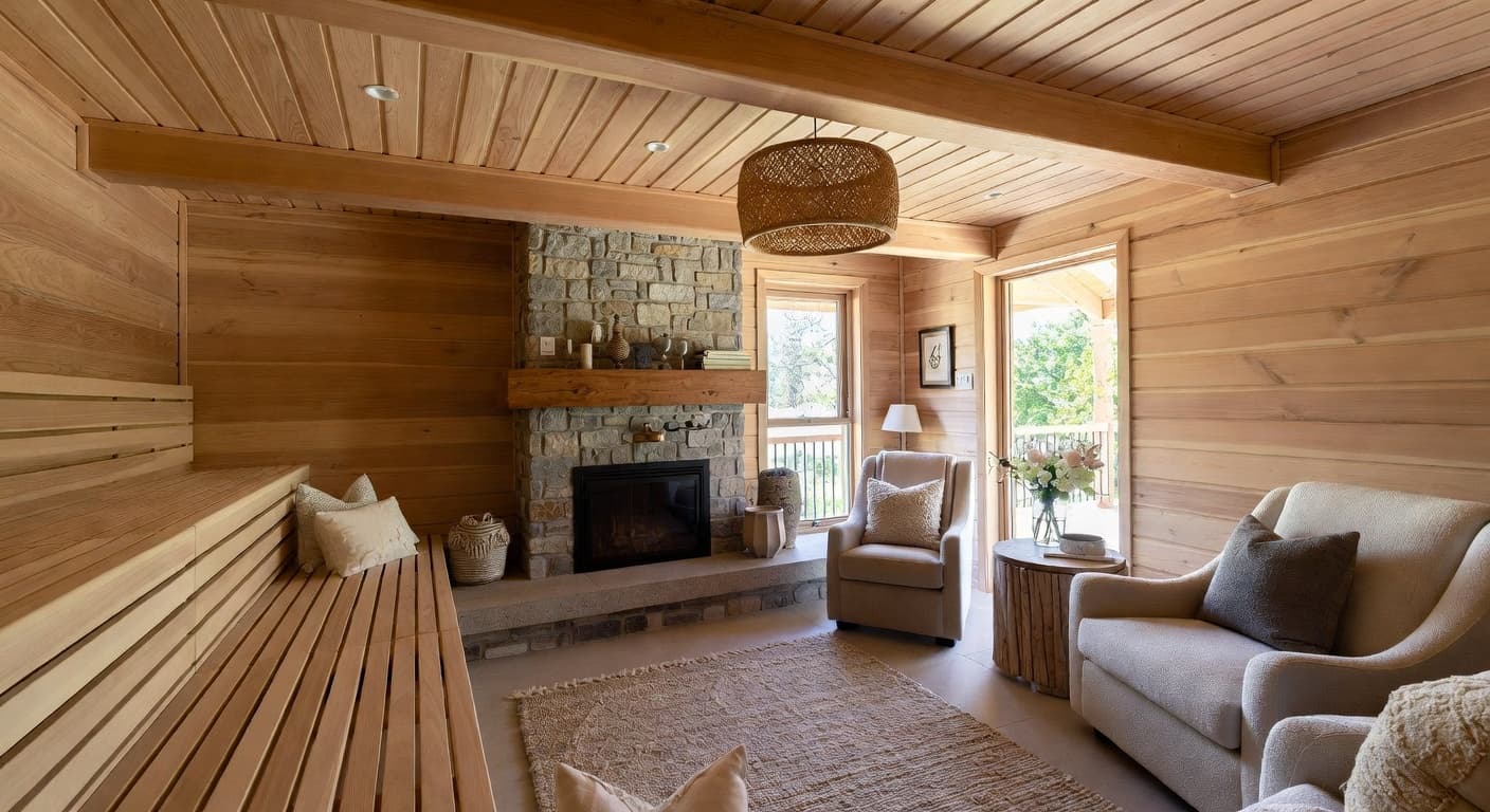 Cottage sauna / spa room interior design - featuring cottage style furniture, decor, colors, and layout ideas for your sauna / spa room