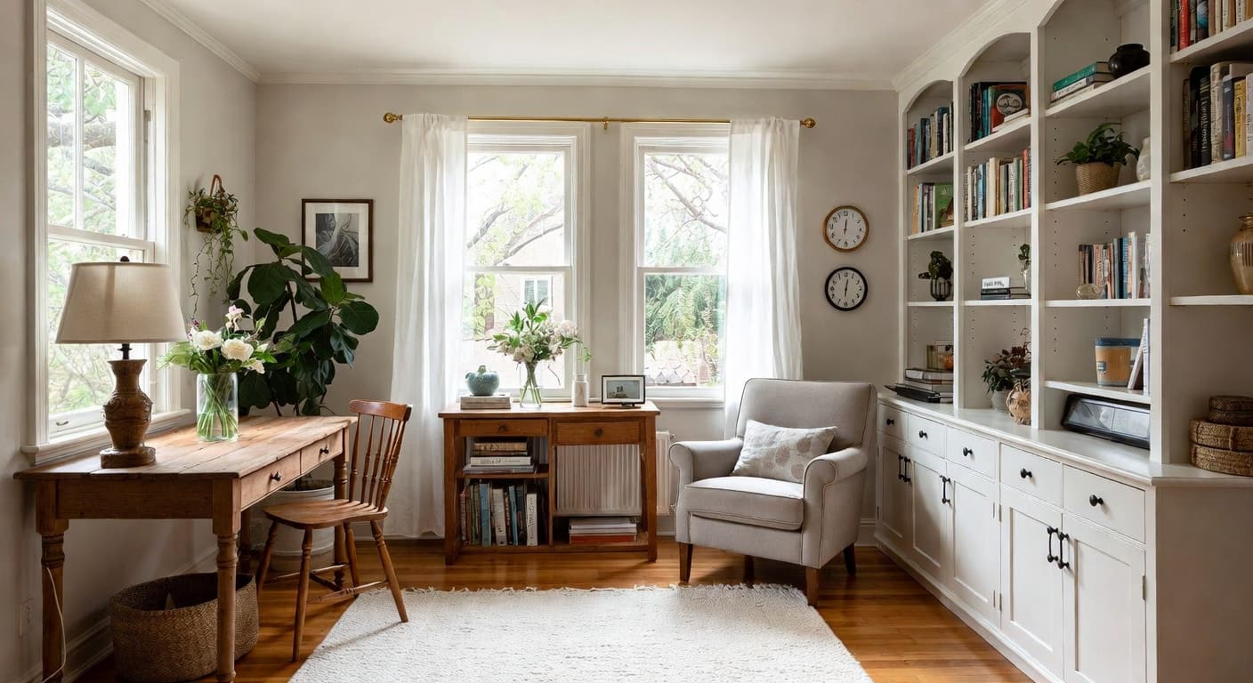 Cottagecore craft room / studio interior design - featuring cottagecore style furniture, decor, colors, and layout ideas for your craft room / studio