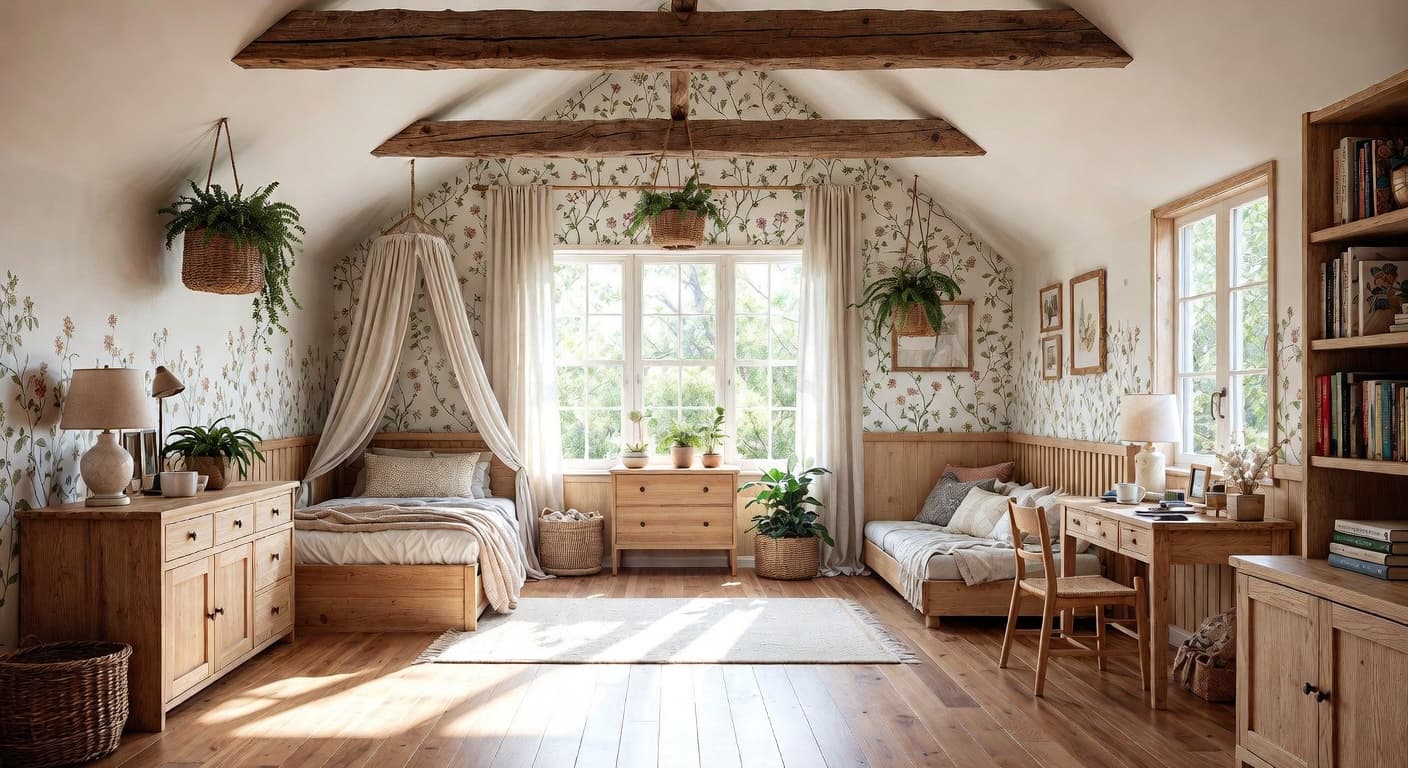 Cottagecore kids room interior design - featuring cottagecore style furniture, decor, colors, and layout ideas for your kids room