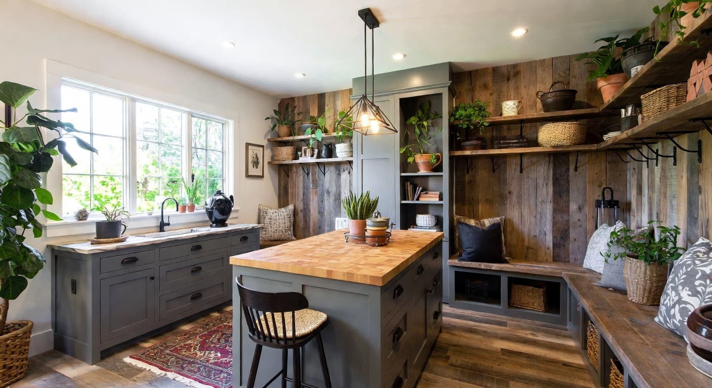 Cottagecore mudroom interior design - featuring cottagecore style furniture, decor, colors, and layout ideas for your mudroom