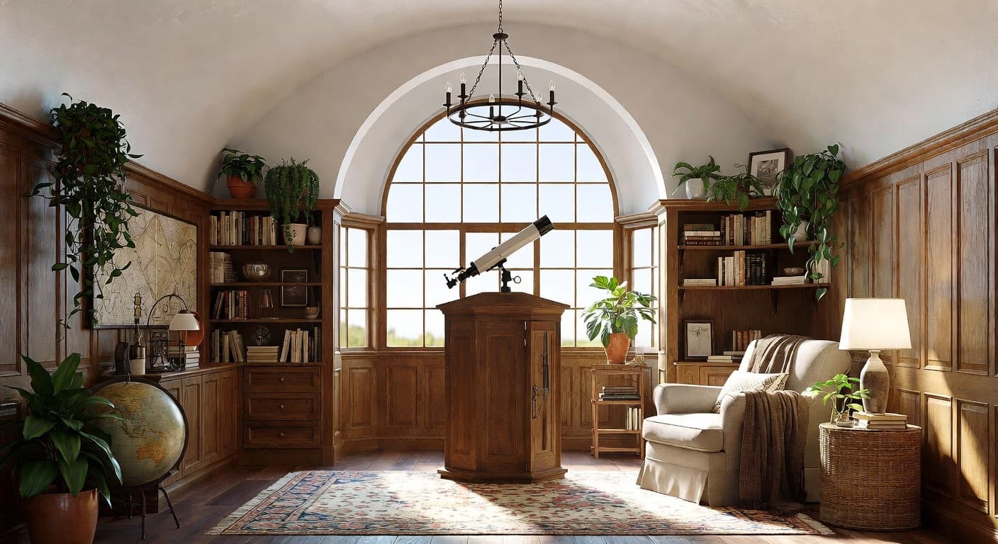 Cottagecore observatory interior design - featuring cottagecore style furniture, decor, colors, and layout ideas for your observatory