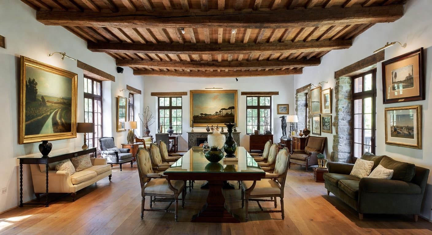 Country gallery / art display interior design - featuring country style furniture, decor, colors, and layout ideas for your gallery / art display