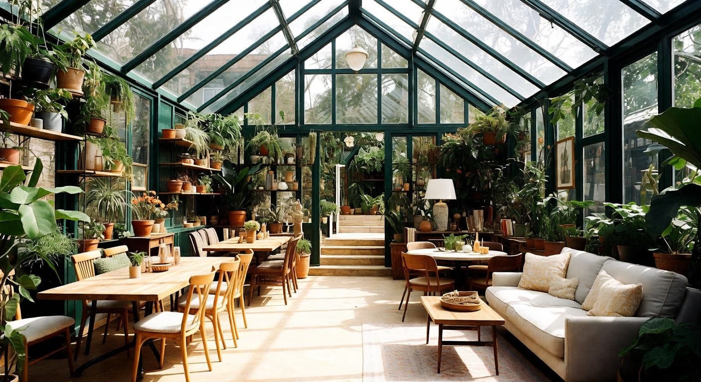 Country greenhouse interior design - featuring country style furniture, decor, colors, and layout ideas for your greenhouse