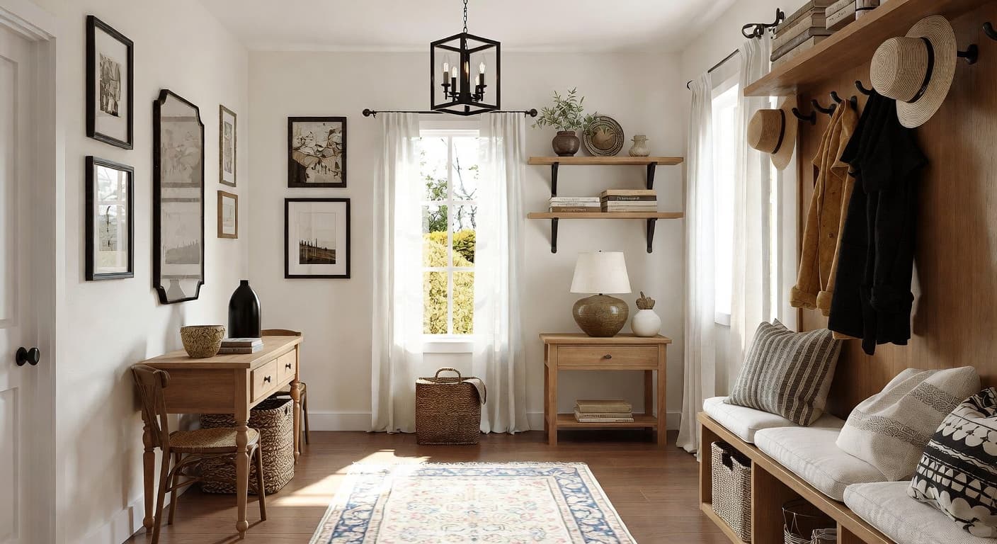 Country mudroom interior design - featuring country style furniture, decor, colors, and layout ideas for your mudroom