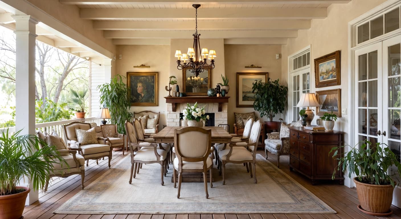 Country outdoor space interior design - featuring country style furniture, decor, colors, and layout ideas for your outdoor space