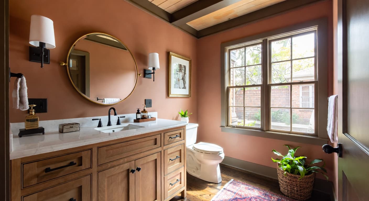 Craftsman powder room interior design - featuring craftsman style furniture, decor, colors, and layout ideas for your powder room
