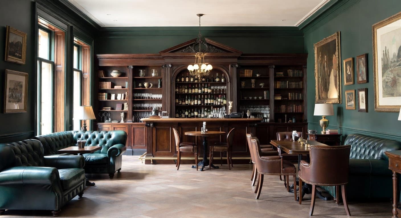 Dark Academia bar room interior design - featuring dark academia style furniture, decor, colors, and layout ideas for your bar room