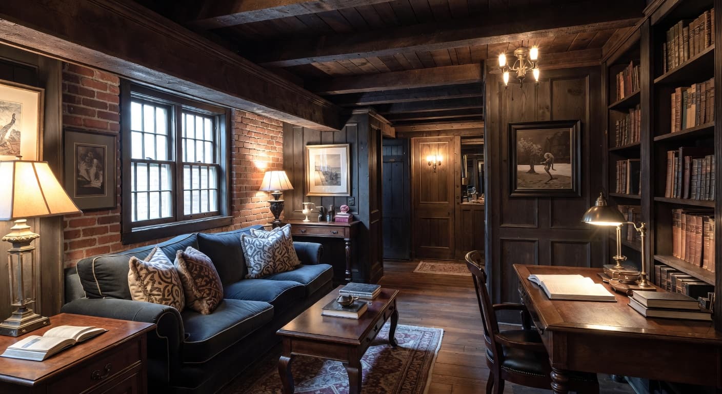 Dark Academia basement interior design - featuring dark academia style furniture, decor, colors, and layout ideas for your basement