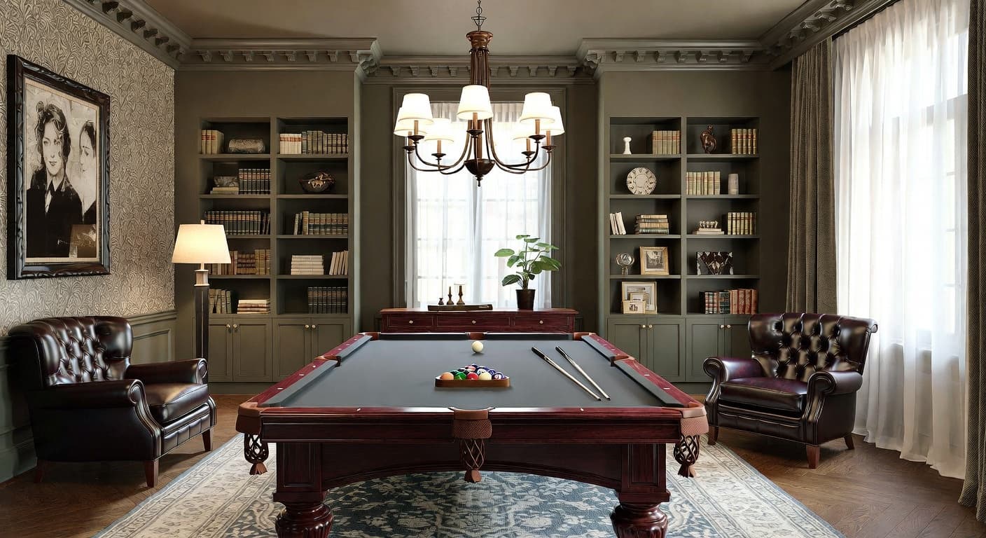 Dark Academia billiards room interior design - featuring dark academia style furniture, decor, colors, and layout ideas for your billiards room