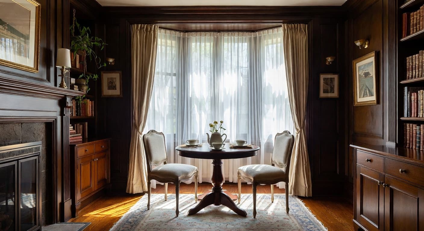 Dark Academia breakfast nook interior design - featuring dark academia style furniture, decor, colors, and layout ideas for your breakfast nook