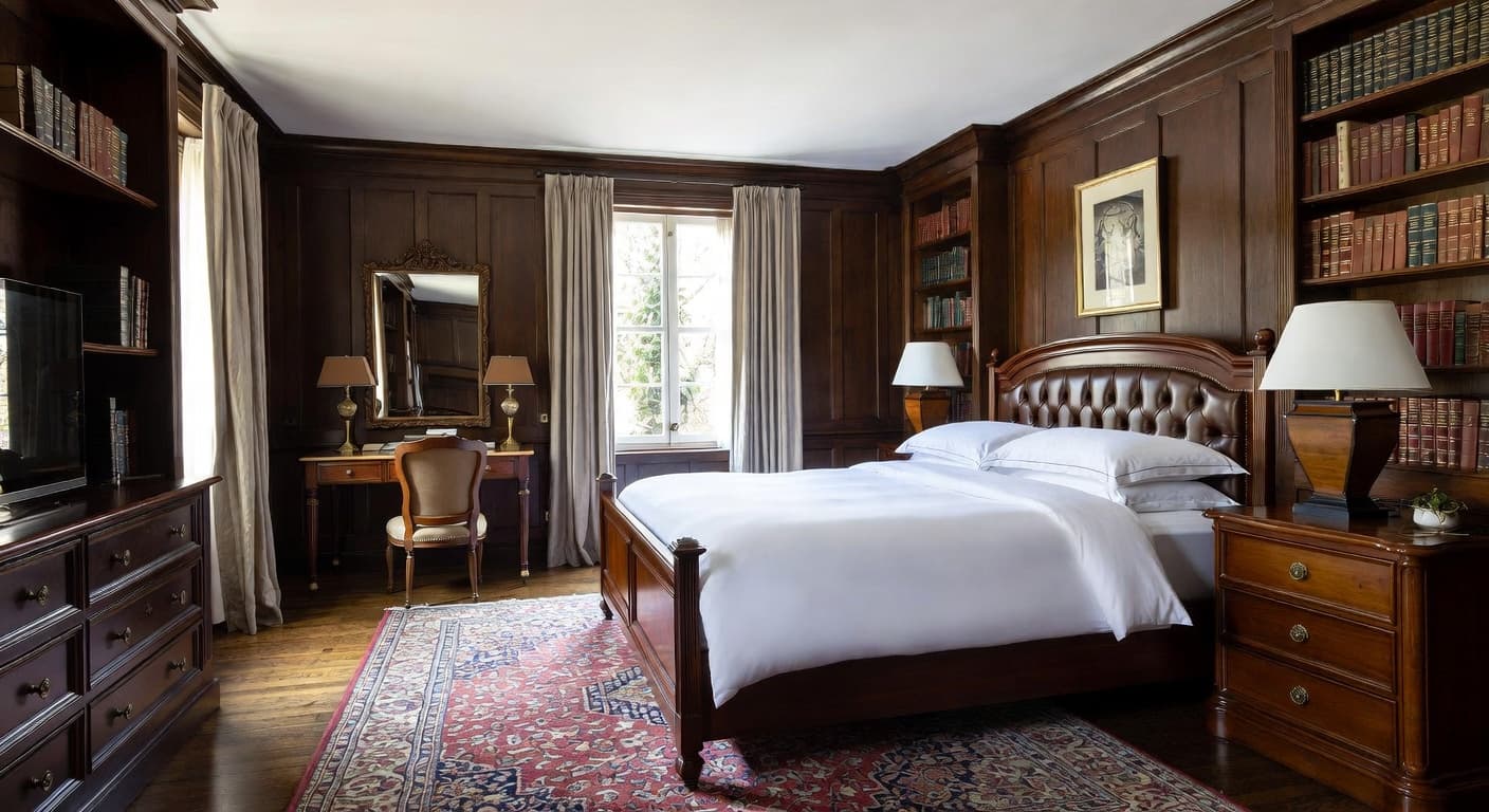 Dark Academia guest room interior design - featuring dark academia style furniture, decor, colors, and layout ideas for your guest room