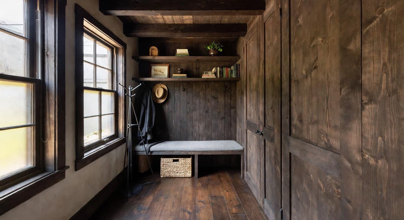 Dark Academia mudroom interior design - featuring dark academia style furniture, decor, colors, and layout ideas for your mudroom