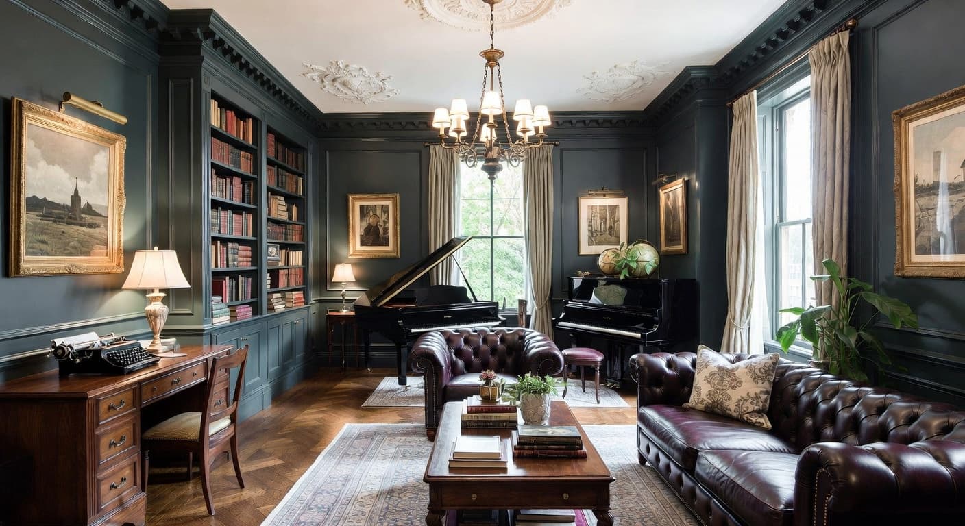 Dark Academia music room interior design - featuring dark academia style furniture, decor, colors, and layout ideas for your music room