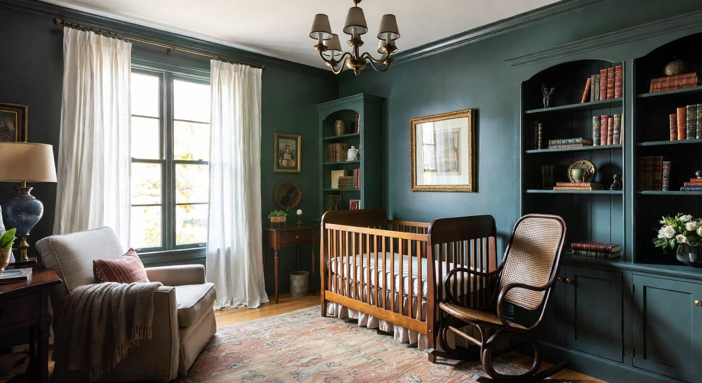 Dark Academia nursery interior design - featuring dark academia style furniture, decor, colors, and layout ideas for your nursery