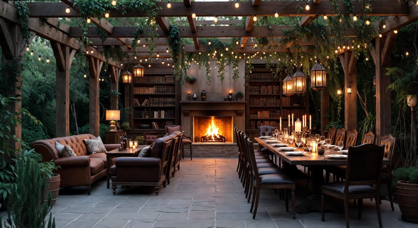 Dark Academia outdoor space interior design - featuring dark academia style furniture, decor, colors, and layout ideas for your outdoor space