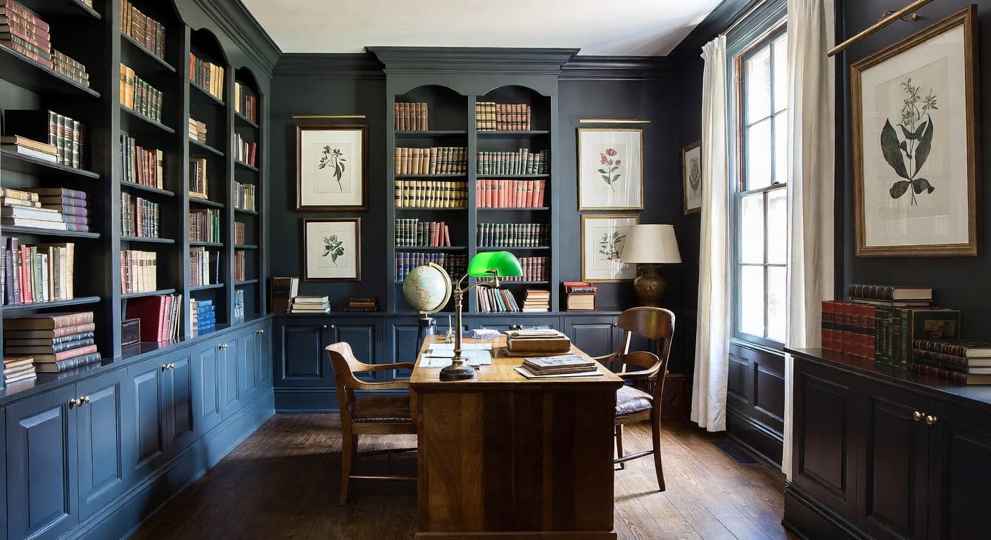 Dark Academia workshop interior design - featuring dark academia style furniture, decor, colors, and layout ideas for your workshop