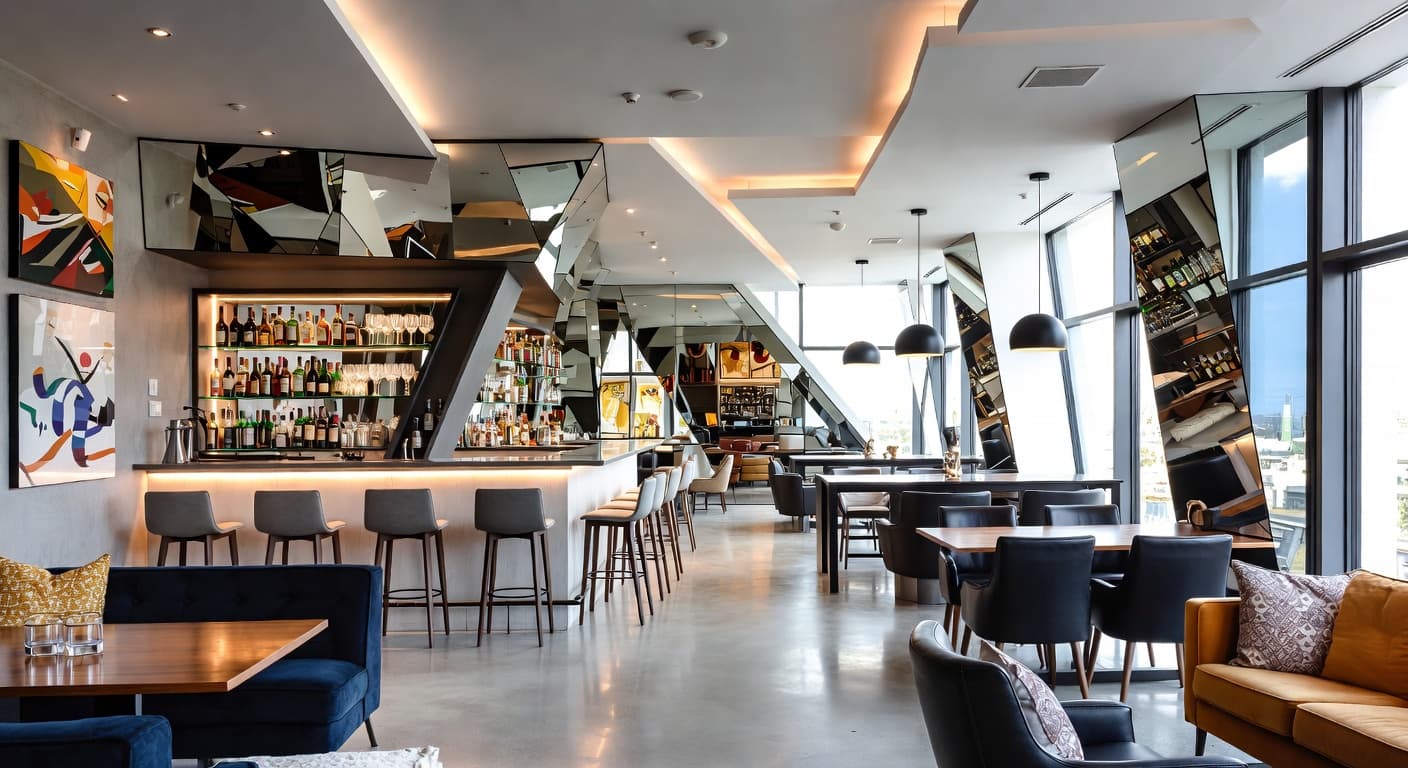 Deconstructivism bar room interior design - featuring deconstructivism style furniture, decor, colors, and layout ideas for your bar room