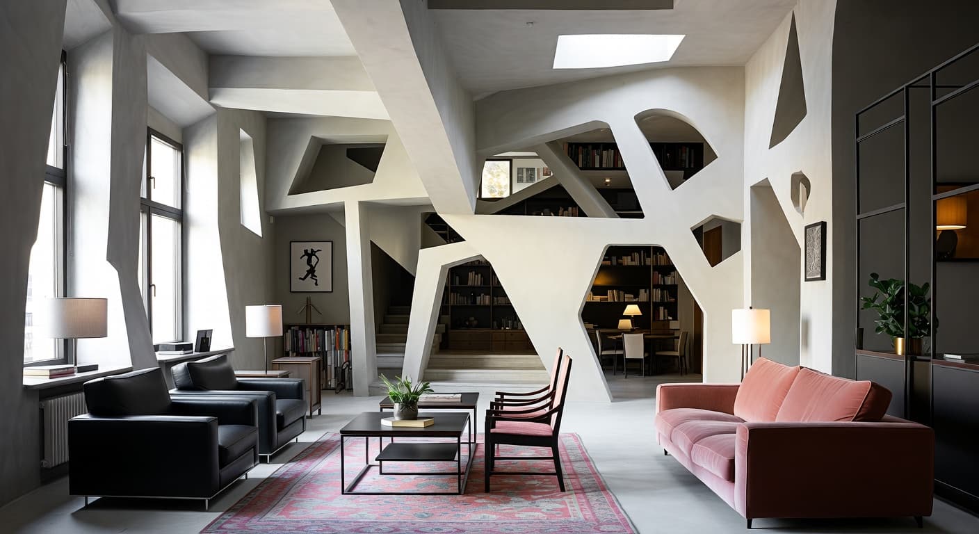 Deconstructivism basement interior design - featuring deconstructivism style furniture, decor, colors, and layout ideas for your basement