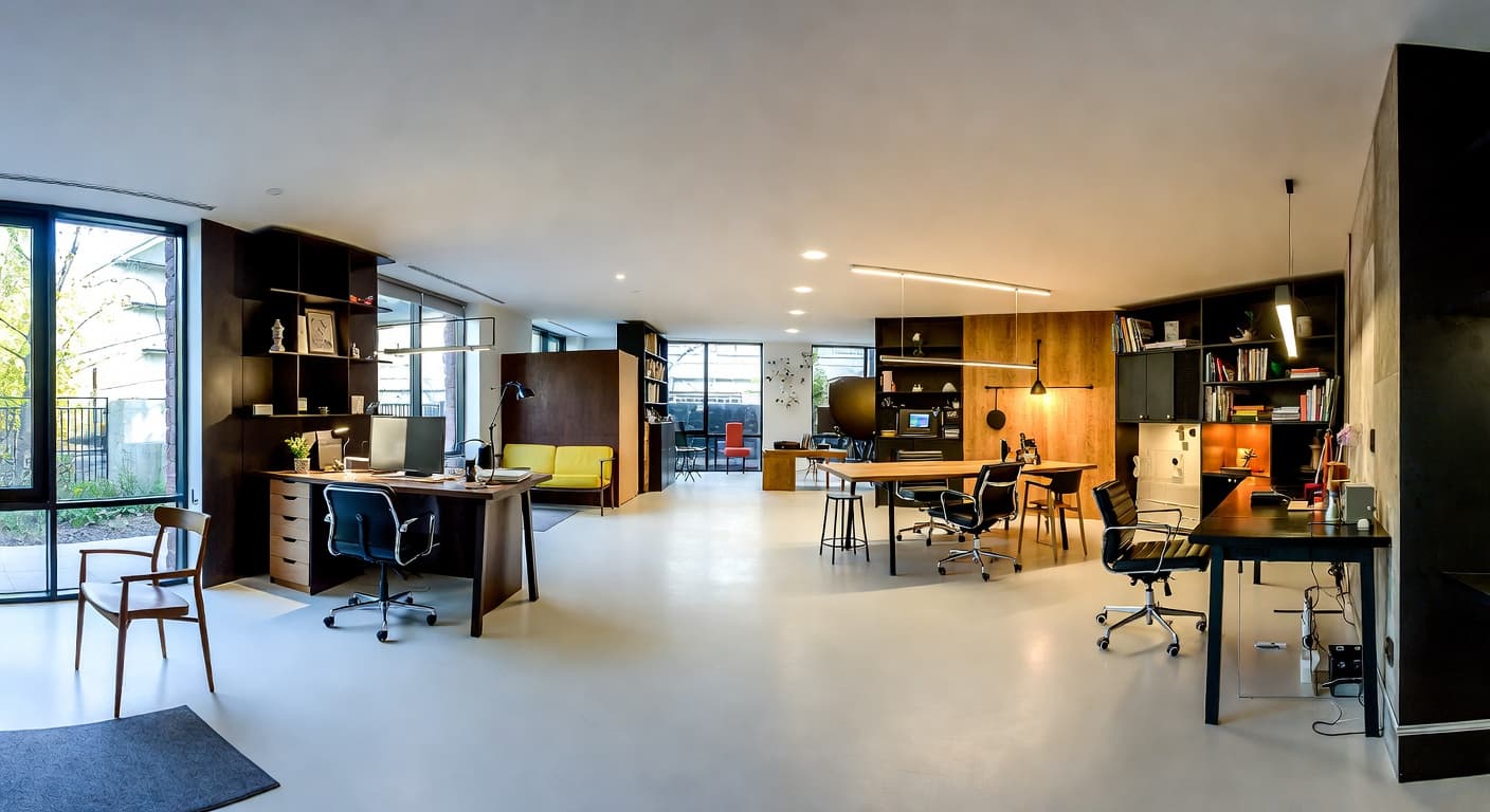 Deconstructivism craft room / studio interior design - featuring deconstructivism style furniture, decor, colors, and layout ideas for your craft room / studio