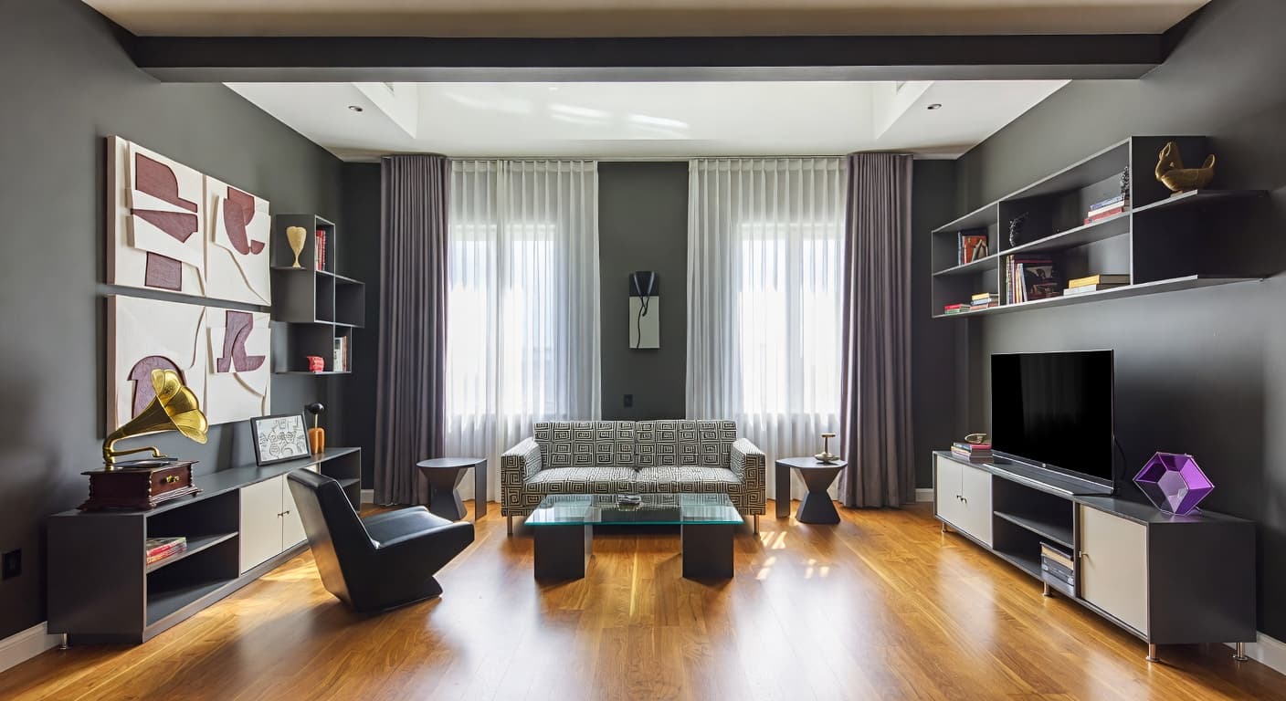 Deconstructivism game room interior design - featuring deconstructivism style furniture, decor, colors, and layout ideas for your game room