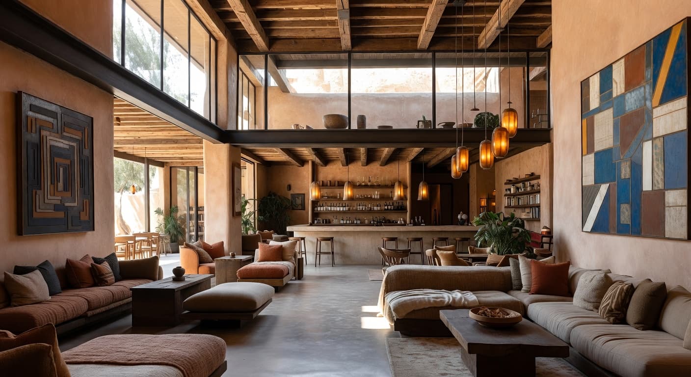 Desert Modern bar room interior design - featuring desert modern style furniture, decor, colors, and layout ideas for your bar room