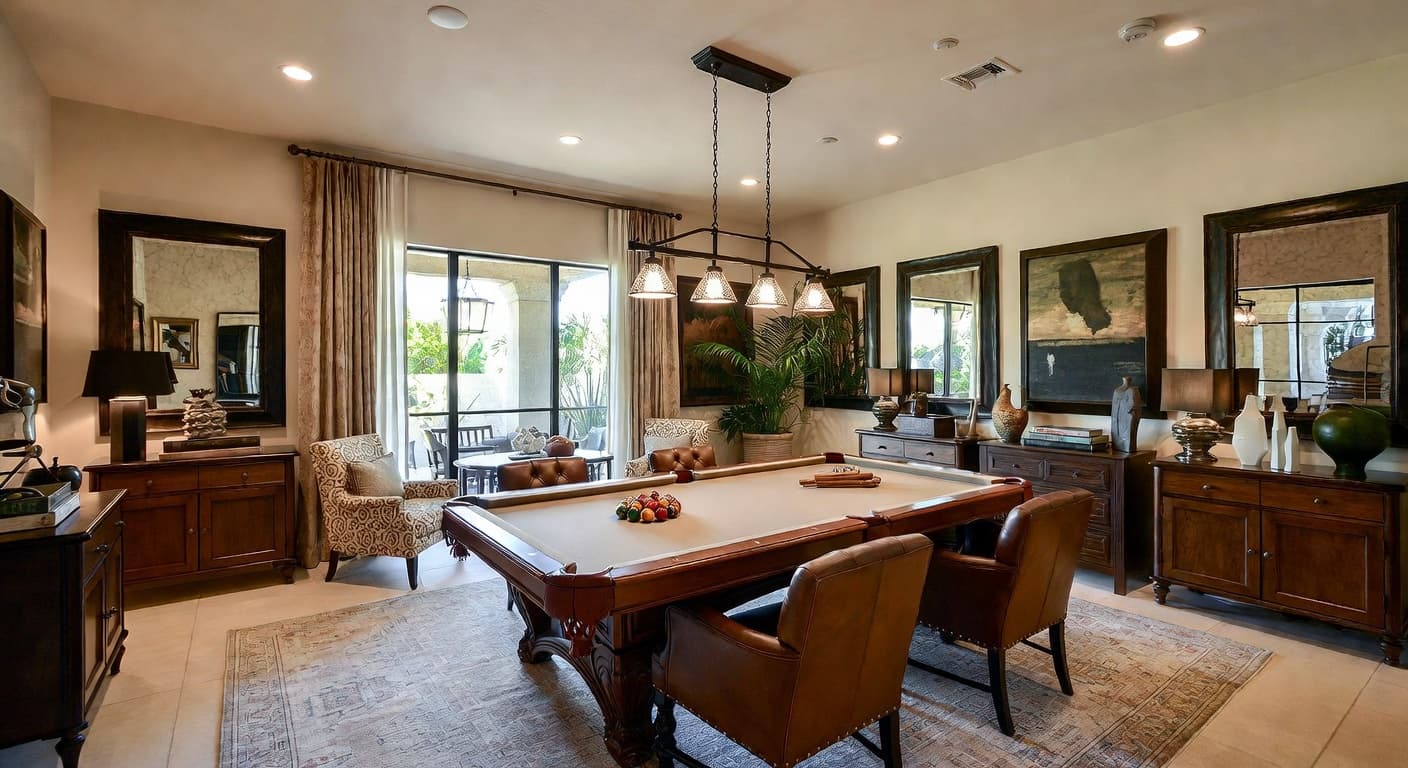 Desert Modern billiards room interior design - featuring desert modern style furniture, decor, colors, and layout ideas for your billiards room