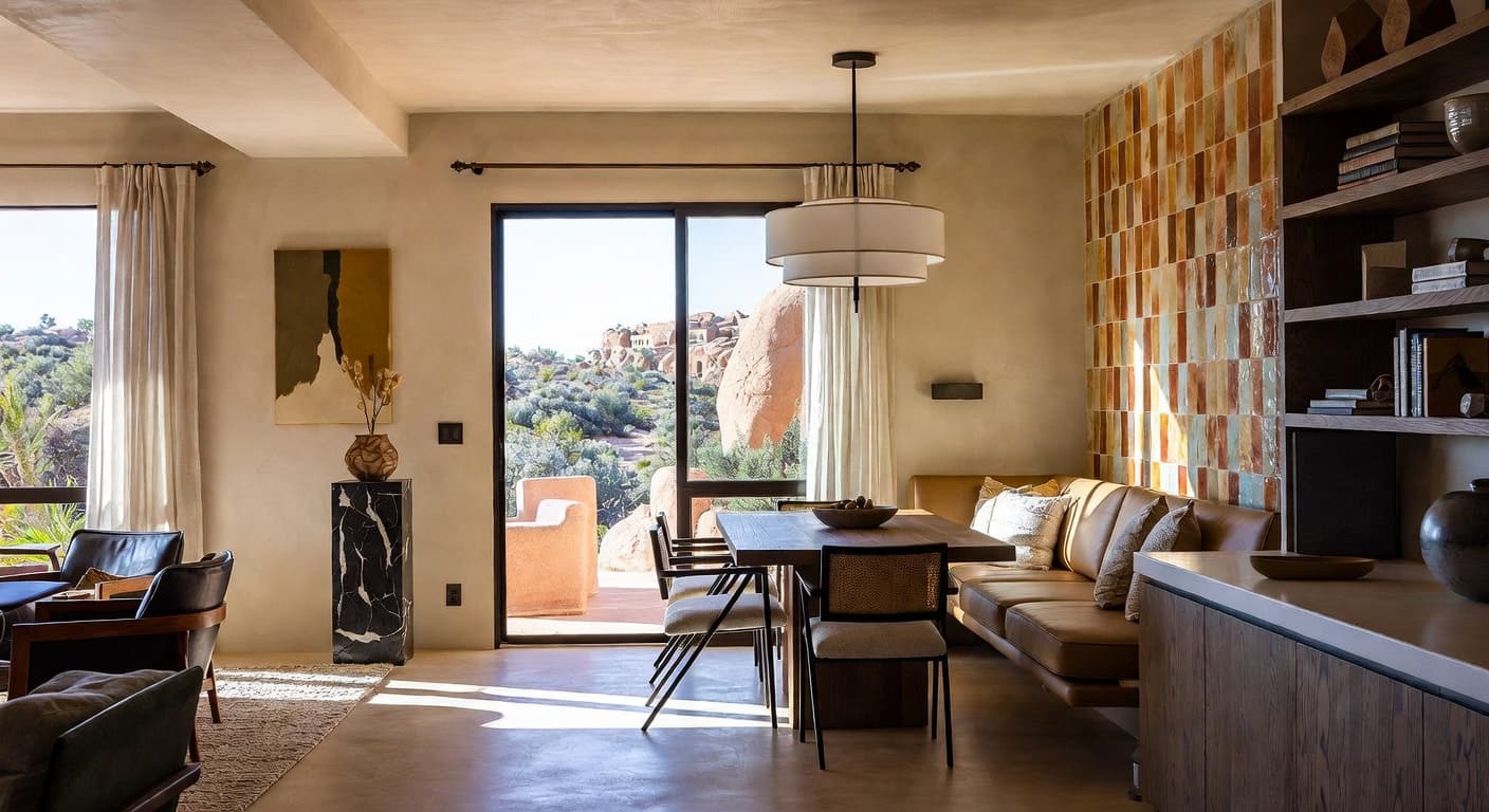 Desert Modern breakfast nook interior design - featuring desert modern style furniture, decor, colors, and layout ideas for your breakfast nook