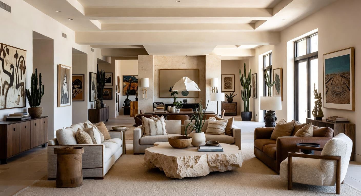 Desert Modern gallery / art display interior design - featuring desert modern style furniture, decor, colors, and layout ideas for your gallery / art display