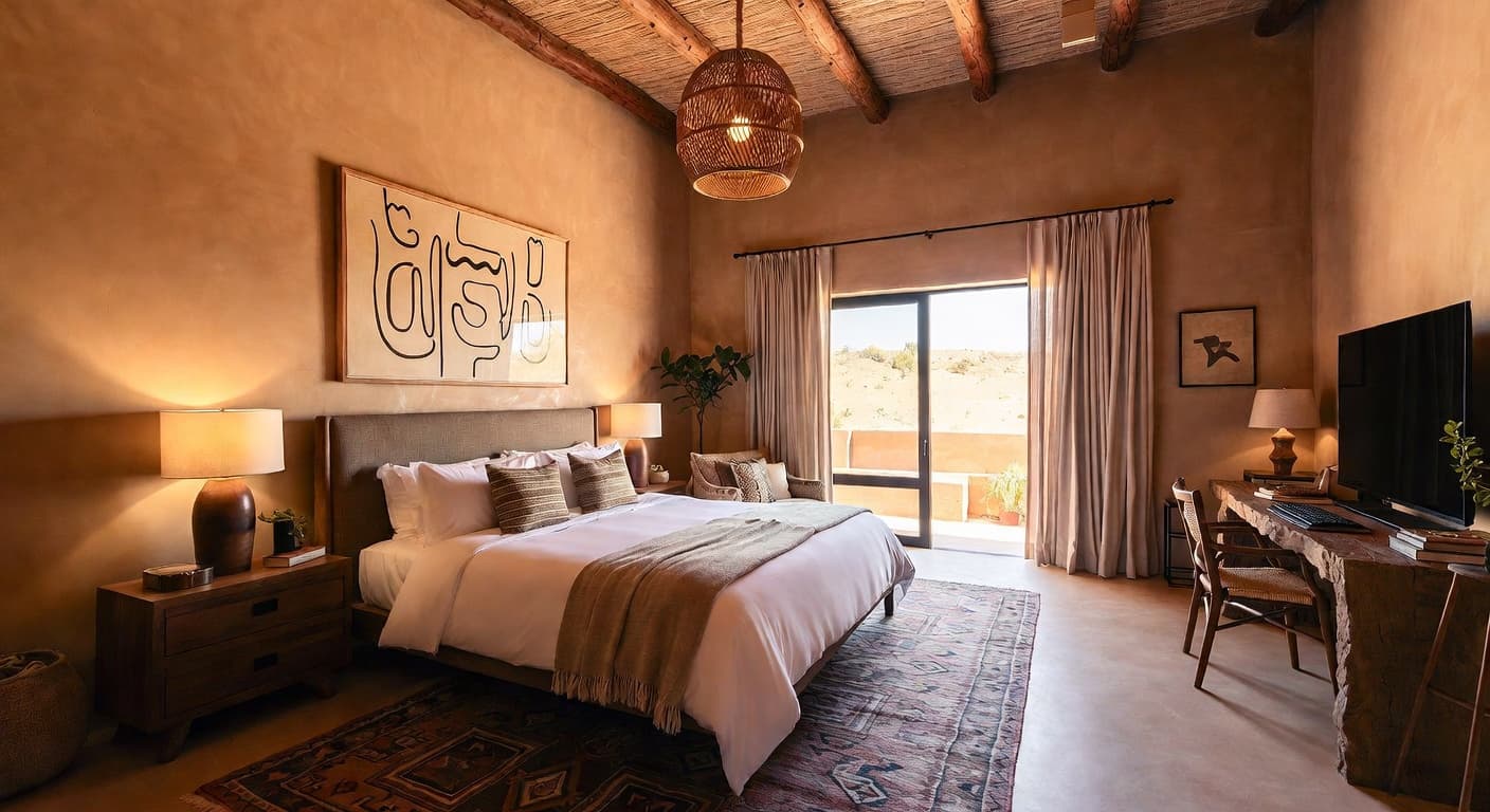 Desert Modern guest room interior design - featuring desert modern style furniture, decor, colors, and layout ideas for your guest room