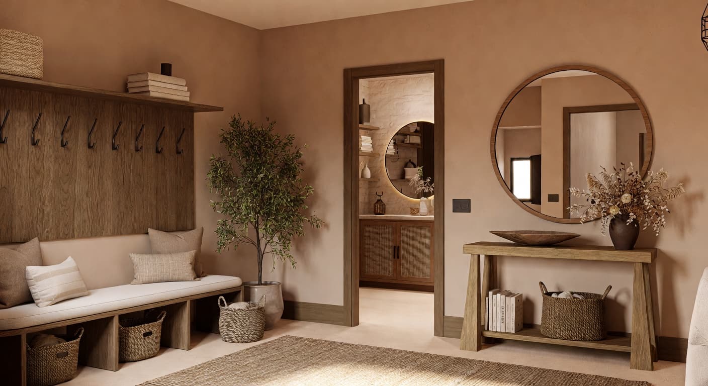 Desert Modern mudroom interior design - featuring desert modern style furniture, decor, colors, and layout ideas for your mudroom