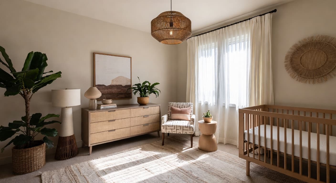 Desert Modern nursery interior design - featuring desert modern style furniture, decor, colors, and layout ideas for your nursery