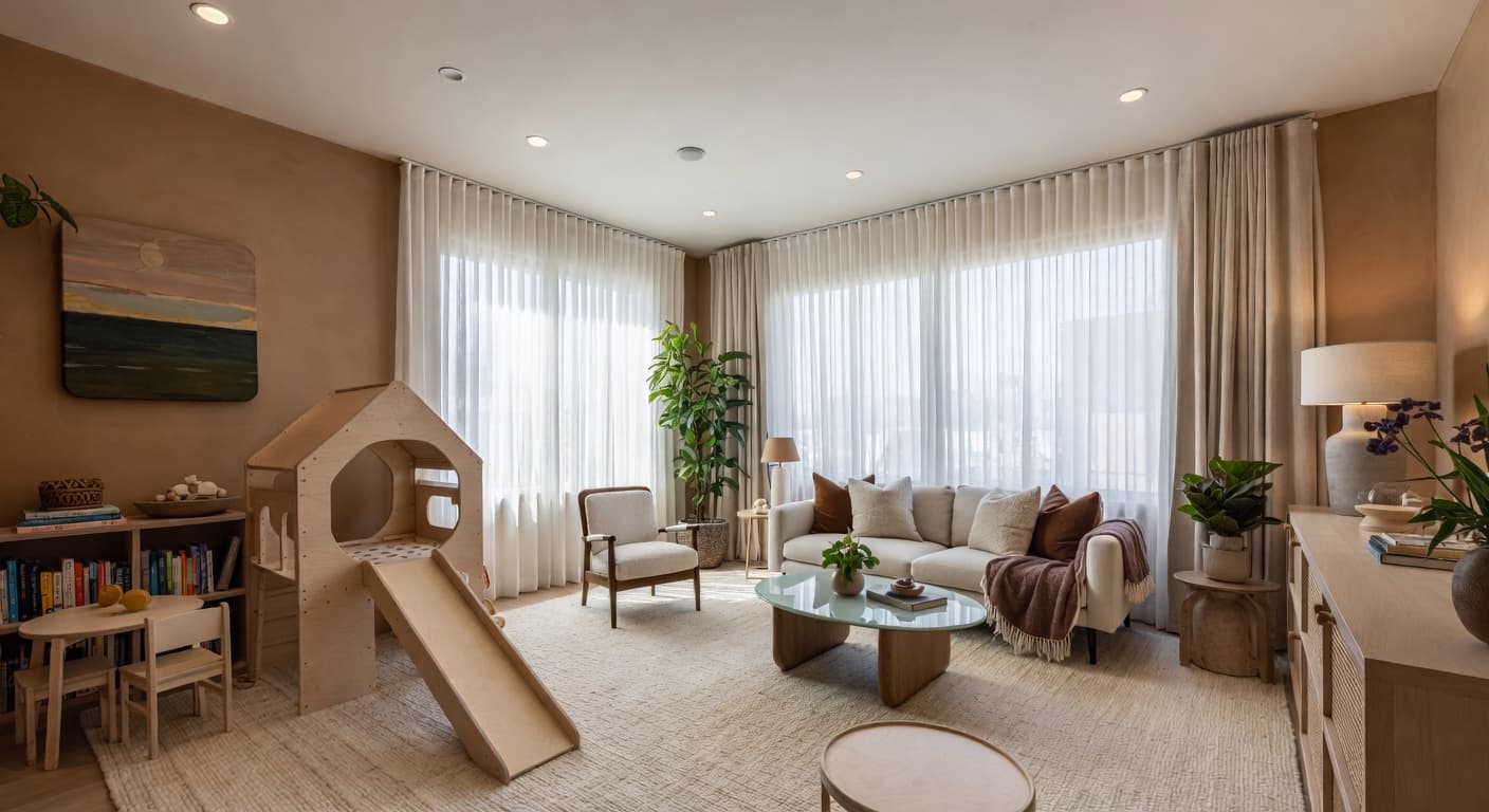 Desert Modern playroom interior design - featuring desert modern style furniture, decor, colors, and layout ideas for your playroom