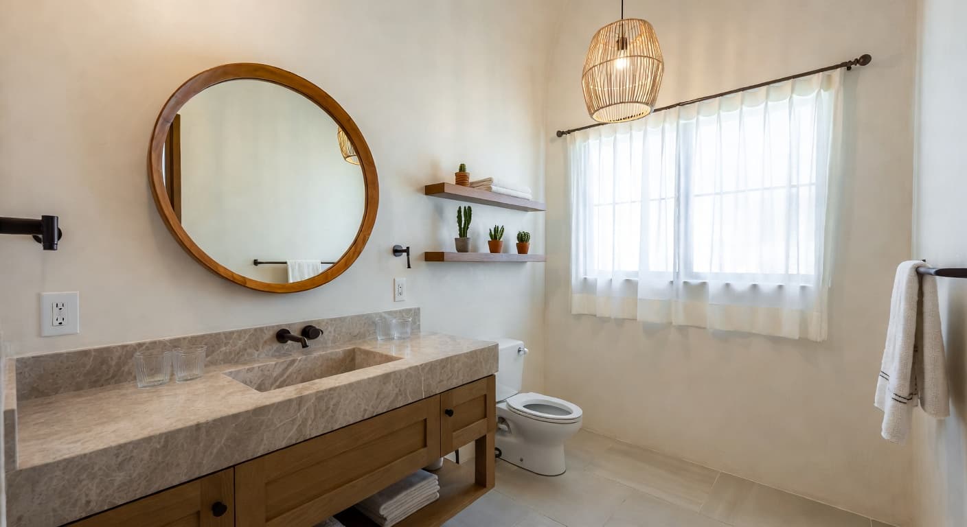 Desert Modern powder room interior design - featuring desert modern style furniture, decor, colors, and layout ideas for your powder room