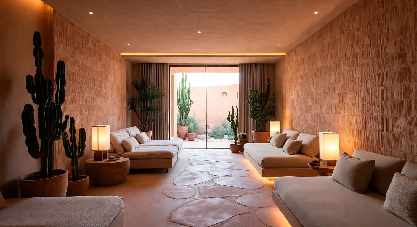 Desert Modern sauna / spa room interior design - featuring desert modern style furniture, decor, colors, and layout ideas for your sauna / spa room