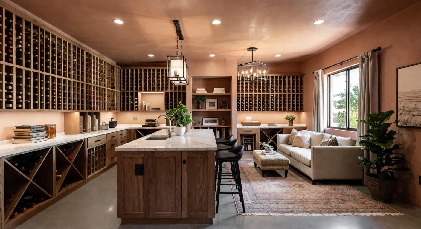 Desert Modern wine cellar interior design - featuring desert modern style furniture, decor, colors, and layout ideas for your wine cellar