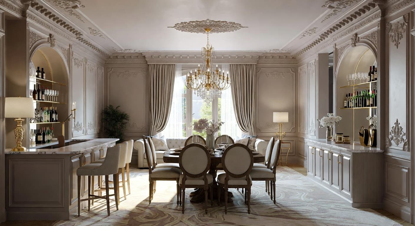 Digital Baroque basement interior design - featuring digital baroque style furniture, decor, colors, and layout ideas for your basement