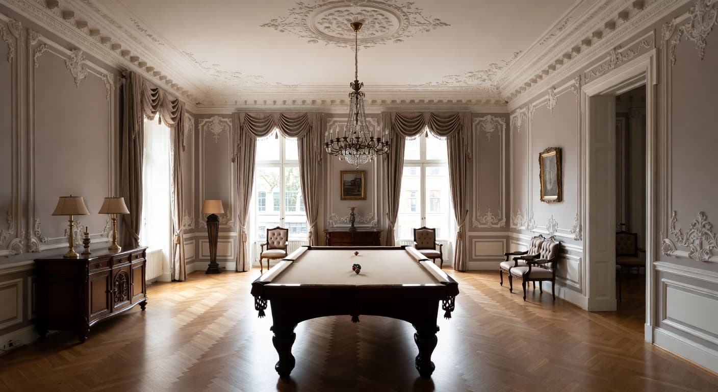 Digital Baroque billiards room interior design - featuring digital baroque style furniture, decor, colors, and layout ideas for your billiards room