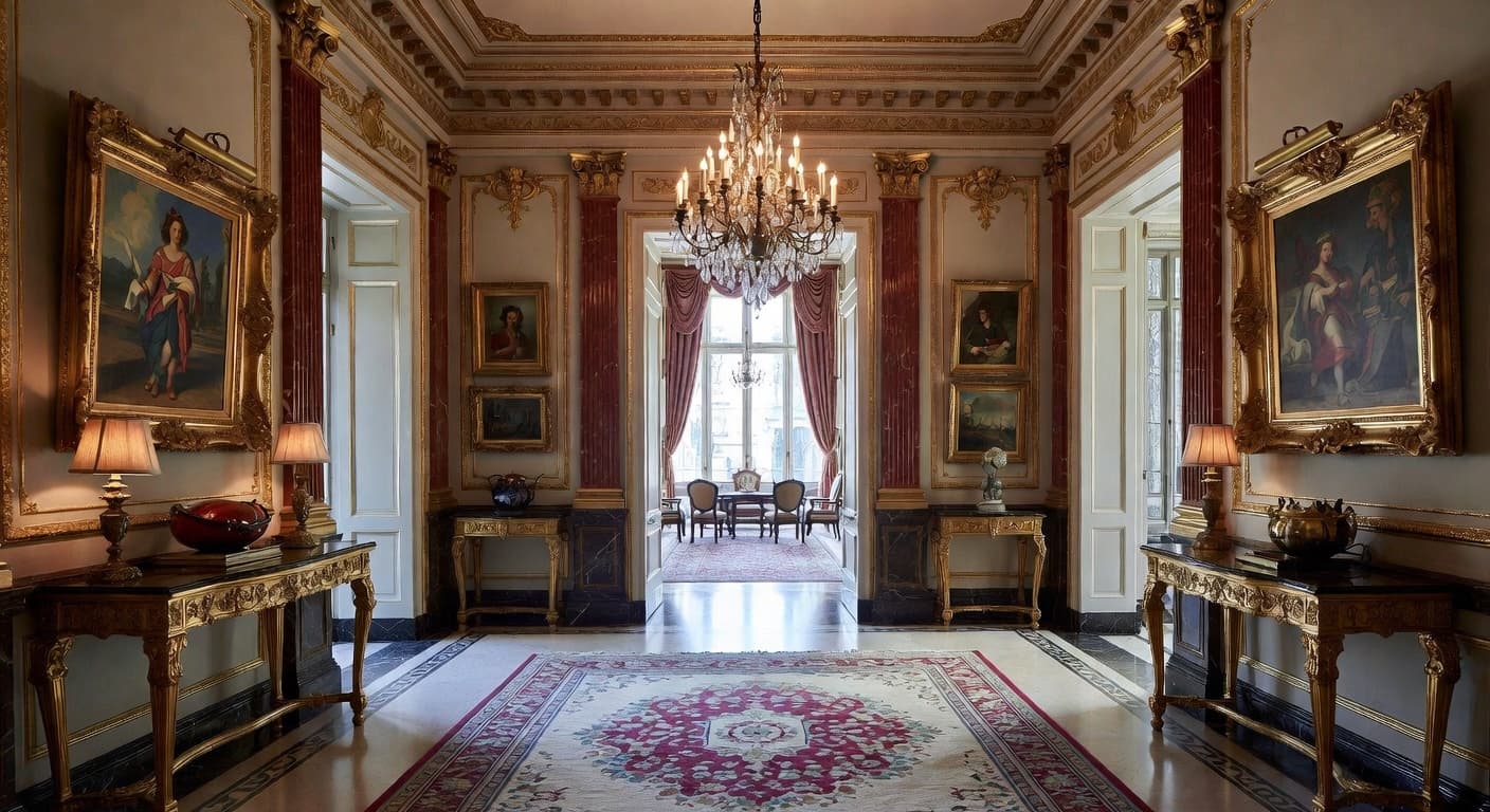 Digital Baroque entryway interior design - featuring digital baroque style furniture, decor, colors, and layout ideas for your entryway