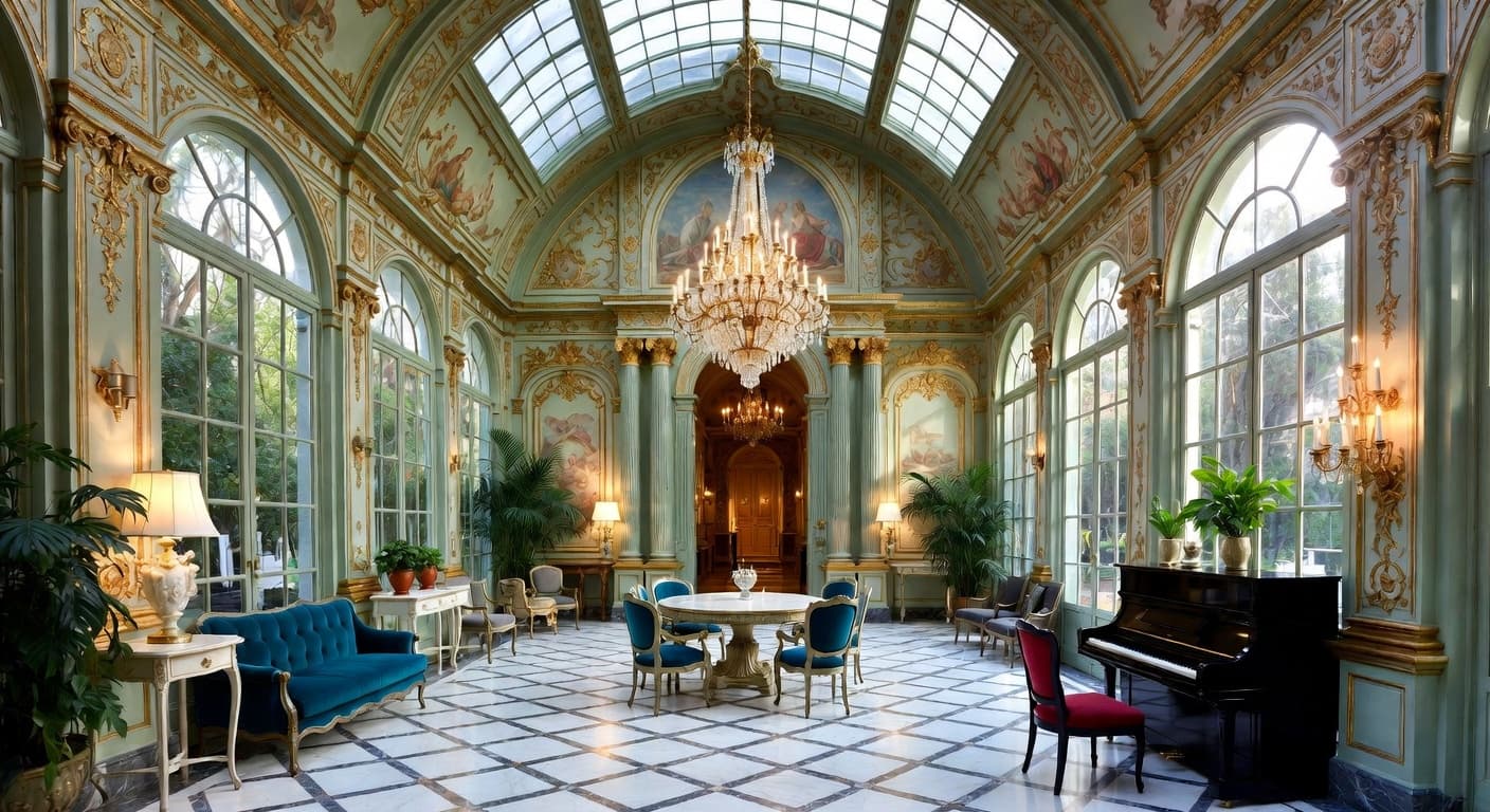 Digital Baroque greenhouse interior design - featuring digital baroque style furniture, decor, colors, and layout ideas for your greenhouse